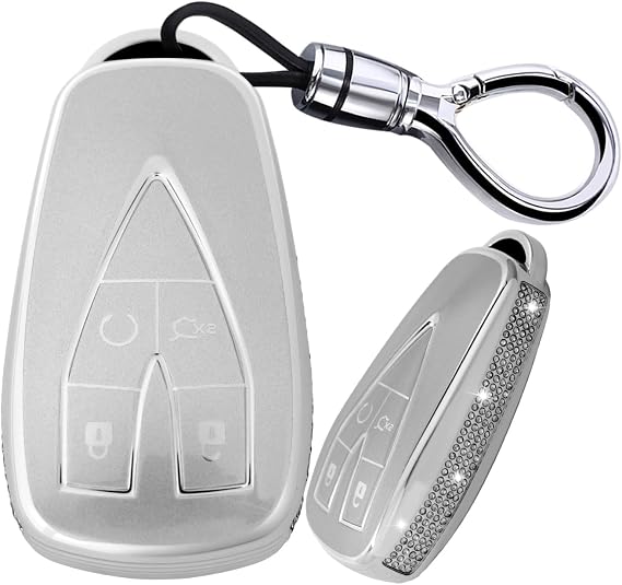 4 Button Key Fob Cover Fit for Changan Unit CS75 X7 Cs55 Cs75plus Accessories Bling Rhinestone-Border Soft TPU Key Case-4 Button Silver