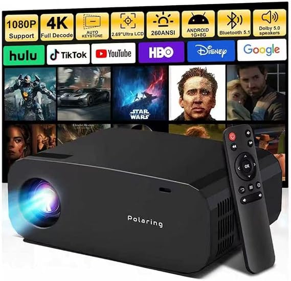 Mini Projector with WiFi and Bluetooth,4K 1080P Support Portable Projector,Built-in Apps,Android 13,Auto Keystone Correction,260 ANSI,32"-150"Screen Movie Video Projector for Indoor/Outdoor