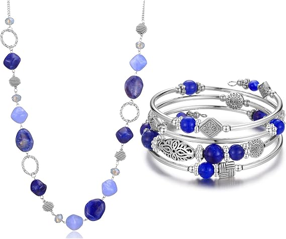 BULINLIN Silver Beaded Sweater Chain Necklace Layered Wrap Bangle Bracelet Set