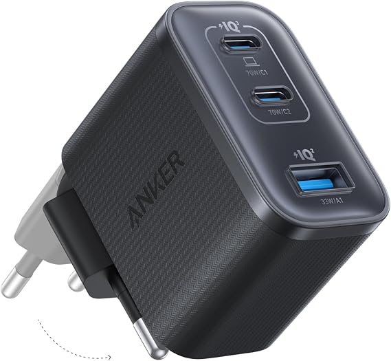 Anker Nano USB-C Şarj Cihazı, 3 Bağlantı Noktalı Type-C Şarj Cihazı, 70W, Kompakt ve Şık Tasarım, Siyah - A121A