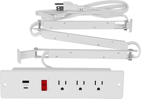 Drawer Outlet Kit Flush Mount Recessed Outlet Furniture Power Strip with Overload Protection Switch Clutter Free Drawer Socket with 6.5FT Extension Cord Management Arm for Kitchen Office (White)