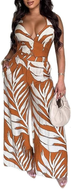 Hawaiian Print 2 Piece Outfits for Women Sexy Sleeveless Crop Top Low Waist Wide Leg Long Pant Sets