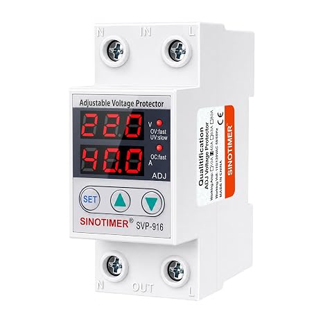 Adjustable Voltage Surge Protector 220VAC, 2 LED Displays, Overvoltage and Undervoltage Current Limit Relay, Smart Circuit Breaker AC Disconnect, 60Hz 40A with DIN Rail Mount