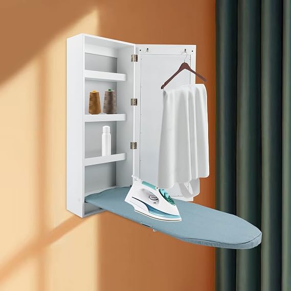 White Ironing Board Cabinet, Wall Mounted Storage Cabinet Foldable with Mirror, Rectangular Ironing Board for Any Home, Small Apartment, 37.5 * 14 * 6.89in