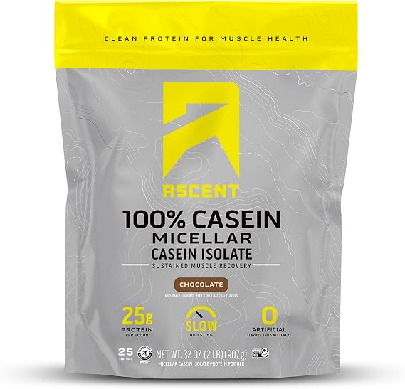 Ascent Casein Protein Powder, Micellar Casein Isolate, Chocolate, 2 lb