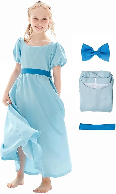 Kids Blue Dress Princess Cosplay Dress Girls Costume Halloween Outfit | Summer Dress Skirt Belt Bow Suit