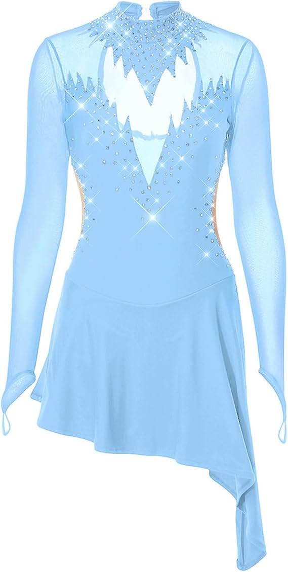 Ice Figure Skating Dress for Ladies Breathable Women Team Competition Dance Clothing with Shiny Rhinestone