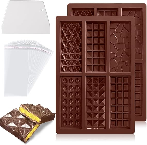 2 PCS Chocolate Bar Mold with 100PCS Plastic Wrappers & 1 Scraper | 6-In-1, Food Grade Silicone Candy Bar Mold, Soft Rectangle Chocolate Bar Molds Deep 0.6in, Non-Stick, Brown