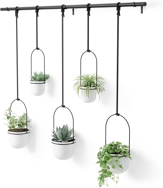 Umbra Triflora Hanging Planter, Window Herb Garden, Set of 5, White/Black | Adjustable ropes and rod, holds standard size pots, wall or ceiling mount, all hardware included, recycled plastic