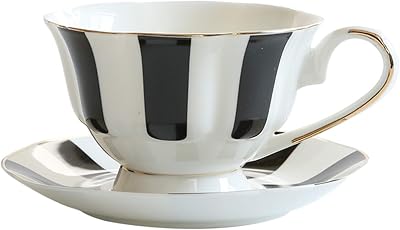 Coffee Cup Euro Style Cup and Saucer Set Coffee Cup Porcelain Tea Mug for Breakfast Home Kitchen ,6.8oz Tea CupBlack stripes, Dingzhebo2022