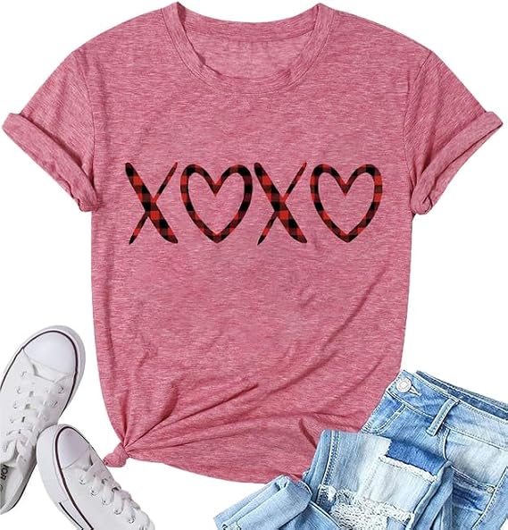 Valentines Shirts Women Love Heart Graphic Print Short Sleeve Tee Tops