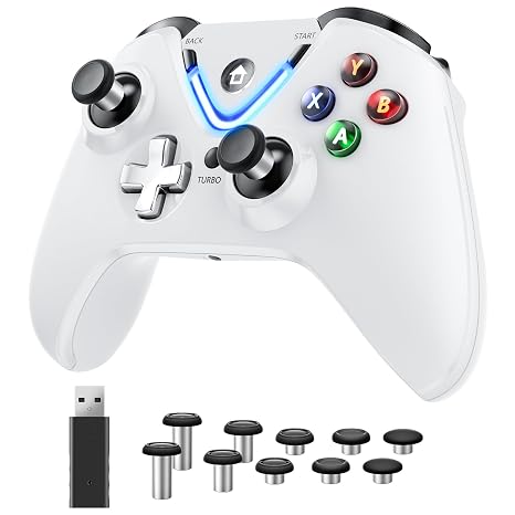 RALAN White Wireless Controller with Paddles for Windows PC, 2.4G Wireless Adapter with 3.5mm Headphone Jack, ALPS Joystick, Hall Effect Sensing trigger, Rechargeable Battery