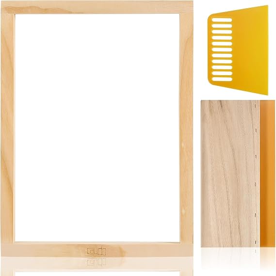 Caydo Screen Printing Frame with Screen Printing Squeegee | for T-Shirts, Backpacks, Handbags DIY Printing, 10 x 14 Inch Wood Silk Screen with 110 White Mesh