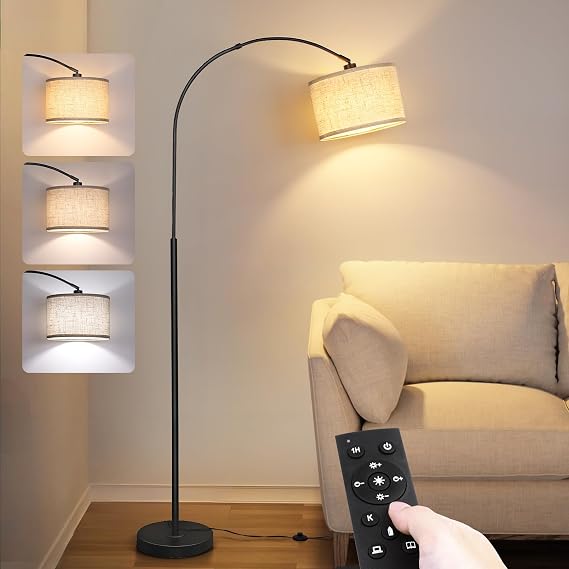 Qingmiao Arc Floor Lamp with Remote, Modern Standing Lamp for Living Room with Stepless Dimmable Bulb, Drum Shade, Foot Switch, Tall Floor Lamp for Farmhouse Bedroom Night Stand (Black)