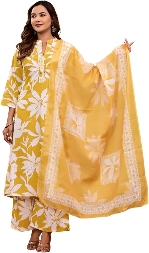 KIRAT Womens Pure Cotton Floral Printed Straight Kurta Set with Pant & Dupatta