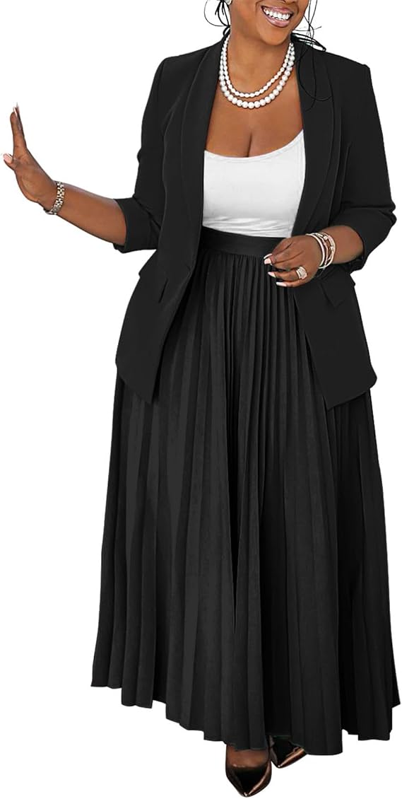 Women's Plus Size 2 Piece Skirt Suit Sets Open Front Blazer Pleated Maxi Skirt Outfits Church Dressy