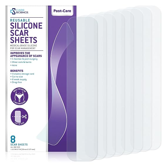 Care Science C Section Recovery Silicone Scar Sheets, 1.5in x 7in, 8 ct | Reuseable Scar Sheets for Reducing the Appearance of C-Section, Keloid, and Acne Scars.