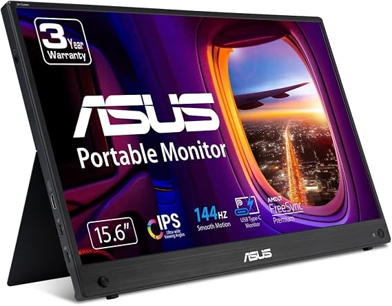 ASUS ZenScreen 15.6 1080P Portable USB-C Monitor (MB16AHG) - Full HD, IPS, 144Hz, Mini-HDMI, Freesync PremiumTM, Ergo Kickstand, Eye Care, Blue Light Filter, Tripod Mountable, Protective Sleeve