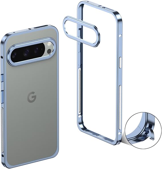 DAYJOY Metal Bumper Frame Case Compatible with Google Pixel 9 Pro XL, Buckle Design Premium Aluminum Shockproof Bumper Frame Heat Dissipation Shell with Lens Protector (Blue)