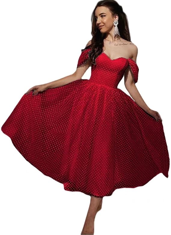 XYAYE Off Shoulder Tulle Wedding Dresses for Bride Simple A-line Dress | Off Shoulder Sweetheart Satin Midi Dress, Fitted Waist, A-Line Flared Skirt, Short Bridal Reception Gown