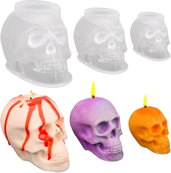 HUAKENER 3 Pack Skull Candle Molds, 3D Halloween Candle Molds | Halloween Resin Mold, Skull Silicone Mold for Epoxy Resin, Candle, Handmade Soap, Halloween Decor