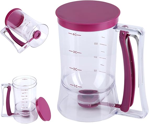 Batter Dispenser 900mL, 4 Cup Pancake Cupcake Batter Dispense, Pancake Dispenser For Batter With Measuring Label Squeeze Handle Bracket for Cupcakes Crepes, Cake or Any Baked Goods