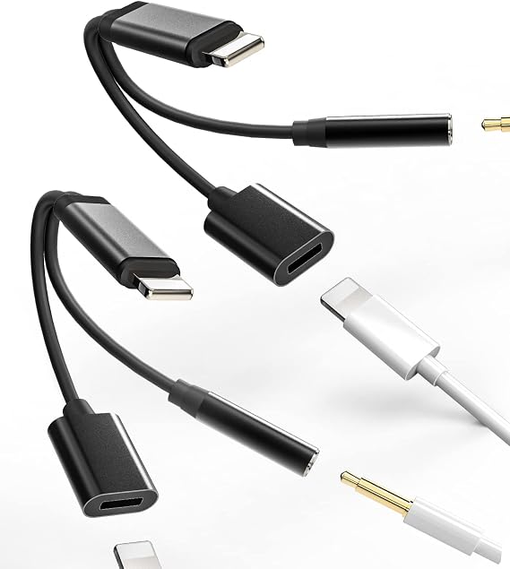 Lightning to 3.5mm AUX Dongle Splitter 2 in 1 Headphone Adapter(2pack)Compatible for Iphone 7 8 X XR XS 13 12 11 Pro Max Plus Audio Jack Cord Charge Cable Converter for MFI Certified earbud Charging