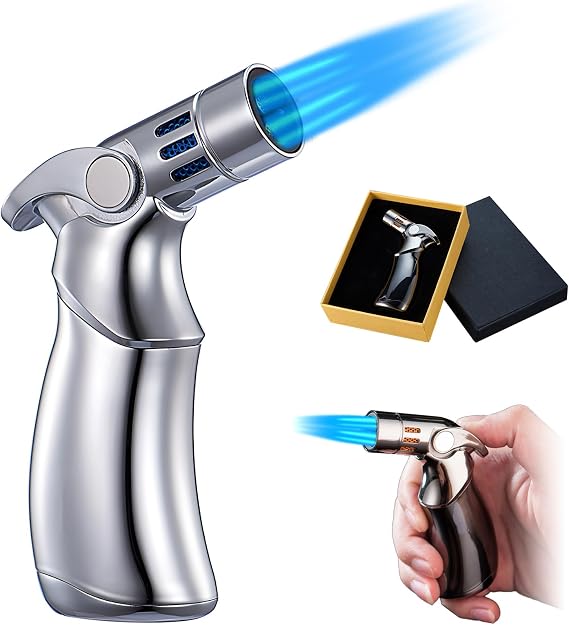 Torch Lighter, Windproof Straight Torch Blue Flame Lighter, Adjustable 4 Jet Flame Refillable Butane Refill Portable Lighter Cool Pocket Lighter for Grill BBQ Candles Camping (Siliver)