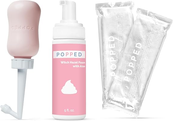 Popped Peri Bottle, Witch Hazel Healing Foam, and Hot and Cold Packs (2 Count) Postpartum Bundle