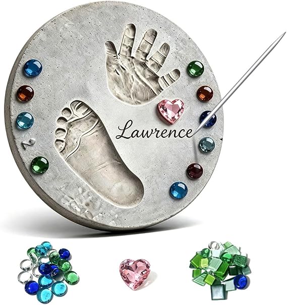 Handprint Stepping Stone DIY Kit - Reusable 11.8 Inch Round Concrete Molds+ Steel Carving Sticks+ Mosaics & Crystal Heart for Hand/Foot Print, Footprint Craft Witness of Special Time/None Cement