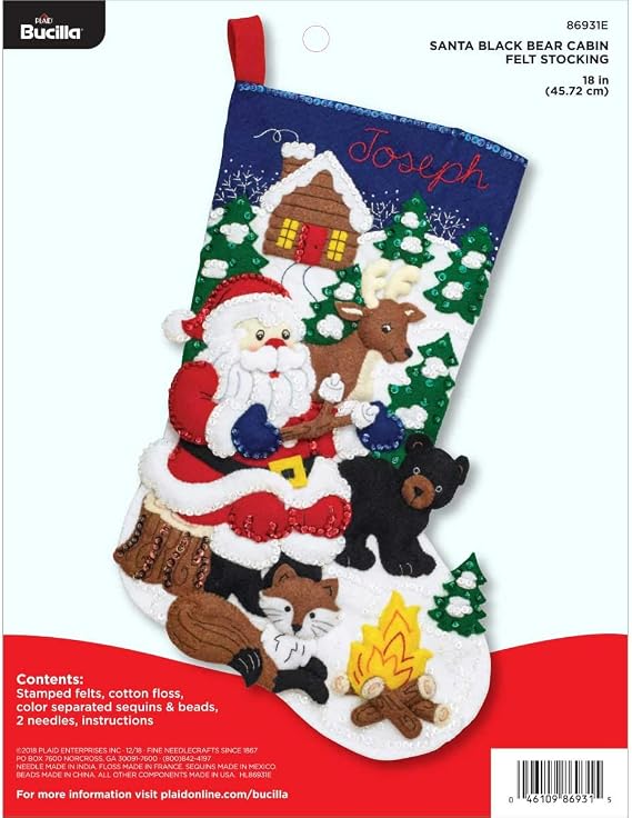 Bucilla 86931E Felt Applique Kit 18" Stocking, Santa Black Bear Cabin