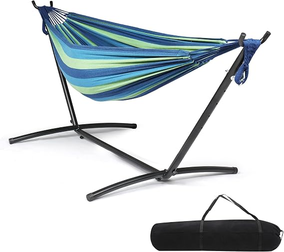 ONCLOUD 550 LB Capacity Double Hammock with Stand Portable Bag Included (Blue Green Stripe)