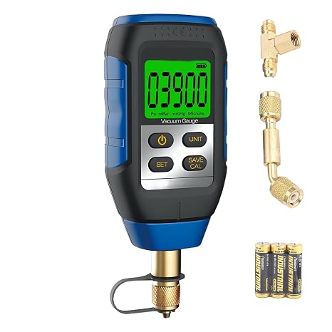 WISSCOOL Digital Vacuum Gauge, HVAC Vacuum Micron Gauge Tester, 1/4" Flare, 0-30000 Microns Range, 5% Accuracy, 7/16-20UNF Interface with 1/4" SAE Connector and T-Connector, 4 Vacuum Units Switch