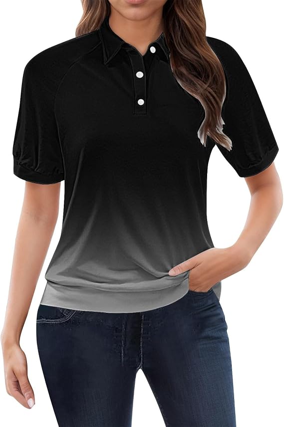 Women's Gradient Polo Shirts Summer Short Sleeve Button Down Collared Work Uniform Tops Sport Golf Tennis T-Shirts