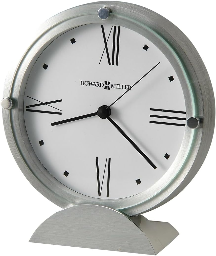 Howard Miller Simon Table Clock Brushed Aluminum Finish in Analog Display Adjustable White Dial, Roman Numerals, Flat Glass Crystal Clocks with Interior Light for Home Decor, Office & Living Room