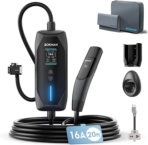 bokman Tesla Charger Level 1&2, 16A 20ft, NEMA 6-20P/5-15 Adapter | Dual 120V/240V Tesla charger, Adjustable 6-16A & 1-12H Delay timer, IP65, NACS Connector for Models Y/X/3/S