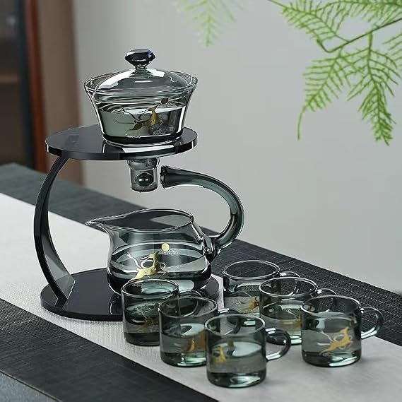 Glass Teapot Set Semi Automatic Drip Rotating with Infuser Chinese Heat-Resistant Lazy Kungfu Tea Set with 6pcs Teacups (Grey Deer Set)