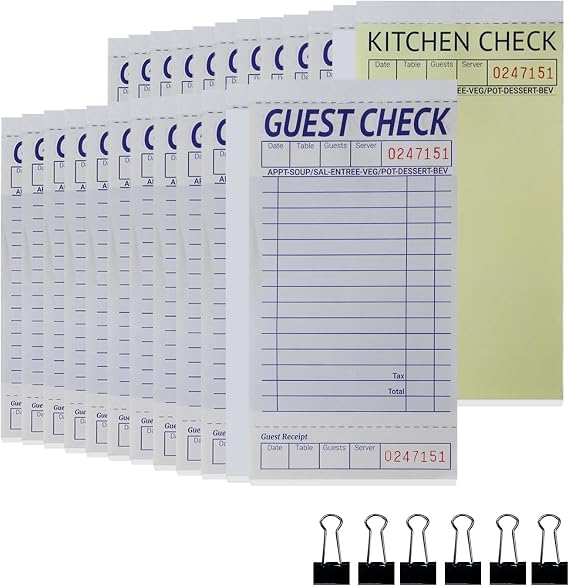 [24 Books] Guest Checks Server Note Pads, 2-Part Carbonless Guest Check Pads Order Pads for Restaurants, Server, Waitress, 50 Sheets Per Server Pads Total 1200, Extra 6 Clips