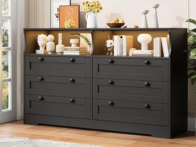 Dresser for Bedroom with 6 Drawers, Large Wooden Bedroom Dressers with Power Outlet and Led Lights, 55 Inch Wide TV Dresser, Wood Modern 6 Drawers Dressers & Chests of Drawers for Room Black