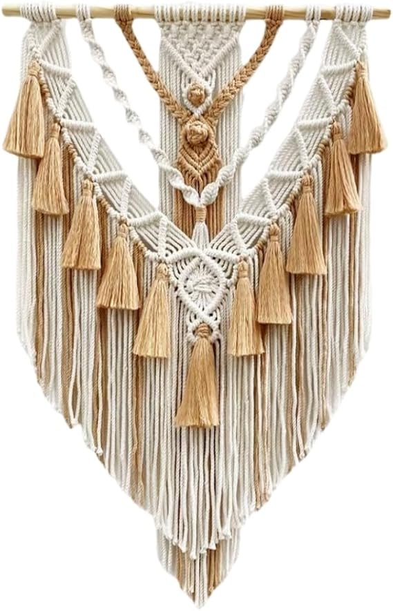 Boho Macrame Wall Hanging & Wall Decor, Cotton Handmade Tapestry with Tassel, Woven Macrame Wall Art for Decorating Bedroom Living Room Apartment Nursery (Brown)