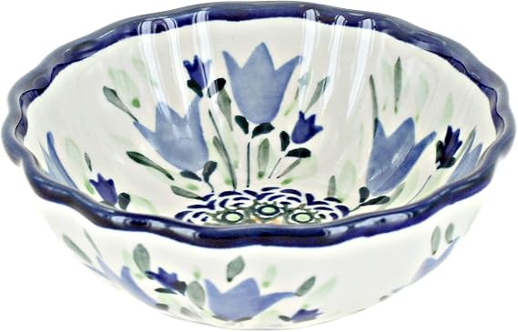 Blue Rose Polish Pottery - Blue Tulip Small Scallop Dish - 4.5" Diameter - Unique Dish for Jewelry, Nuts, or Candy
