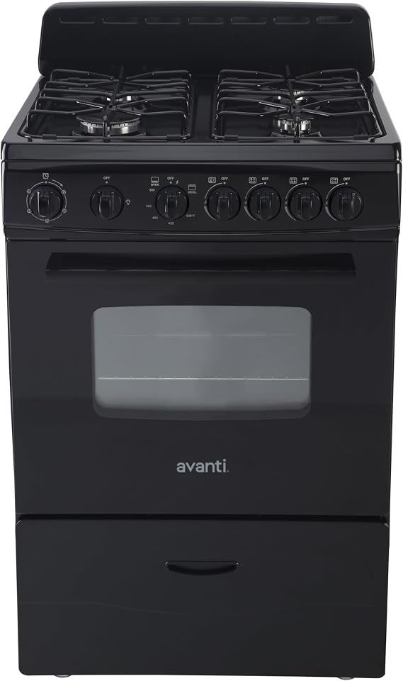 Avanti Gas Range Oven, Compact Freestanding Design, 4 Sealed Burners with Electronic Ignition, 2.6 Cu.Ft. Capacity Features Storage Drawer Broiler and Accessories, 24-Inch, Black
