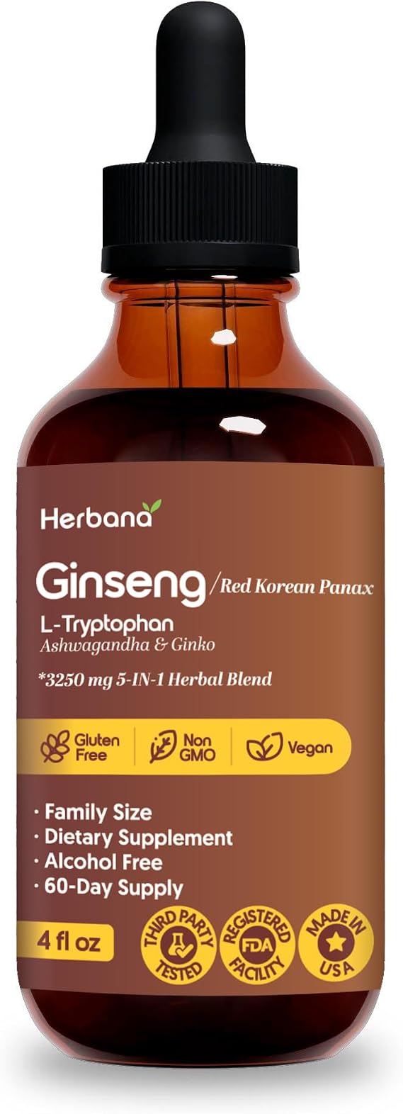 HERBANA MANUFACTURING Ginseng Liquid Extract with L-Tryptophan Ashwagandha and Ginkgo Herbal Blend Daily Wellness Support Alcohol Free Drops 4 fl oz
