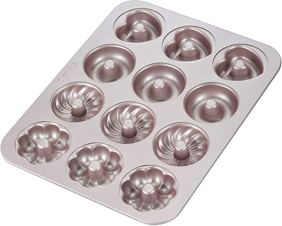 CHEFMADE Donut Mold Cake Pan, 12-Cavity Non-Stick Pattern Doughnut Bakeware for Oven Baking (Champagne Gold)