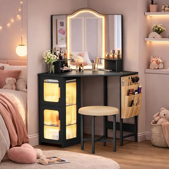 LVSOMT Corner Vanity Desk with Mirror and Lights, Makeup Vanity with Charging Station, Dressing Table with 3 Lighting Options, Vanity Set with Stool, Womens Vanity for Bedroom, Black