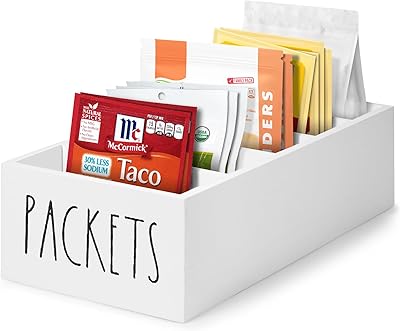 Seasoning Packet Organizer, Spice Packet Storage Organizer with 5 Compartments, Wooden Food Packet Organizer, Caddy Storage for Kitchen Pantry Cabinet, Modern Kitchen Organization Bins White