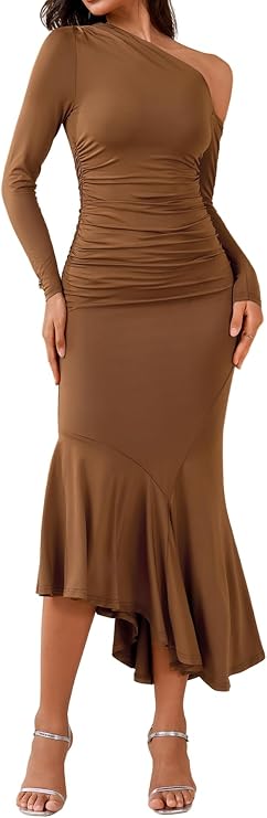 Parthea Women One Shoulder Long Sleeve Ruched Bodycon Midi Dress Fall Wedding Guest Elegant Cocktail Party Gown