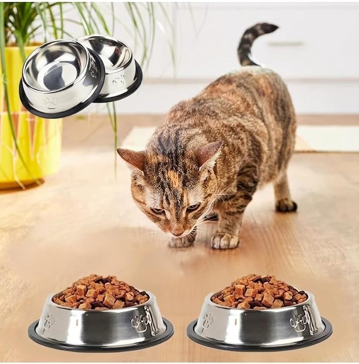 DUFFA Paslanmaz Çelik Kedi Mama Ve Su Kabı, Köpek Çelik Mama Kabı, Kaymaz Lastikli Taban, Dayanıklı Besleme Tası, Kolay Temizlenebilir, 8 oz/250 ml (2 Adet) (2 Adet 16 Cm)