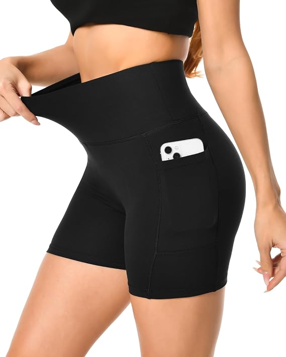 ACTINPUT High Waisted Biker Shorts Women with Pockets-5" Tummy Control Fitness Athletic Workout Running Yoga Gym Shorts