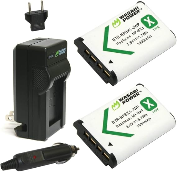 Wasabi Power NP-BX1 Battery (2-Pack) and Charger for Sony NP-BX1/M8, Cyber-Shot DSC-HX80, HX90V, HX95, HX99, HX350, RX1, RX1R II, RX100 (II/III/IV/V/VA/VI/VII), FDR-X3000, HDR-AS50, AS300, ZV-1, etc., black (KIT-BTR-NPBX1-LCH-NPBX1-01) | (2-Pack), sony NP-BX1/M8, cyber-Shot DSC-HX80, HX90V, HX95, HX99